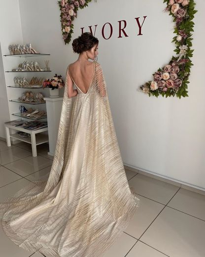 Champagne Long A-Line Straps V Neck Sleeveless Backless Tulle Shawl Wedding Dresses - YESBABYONLINE