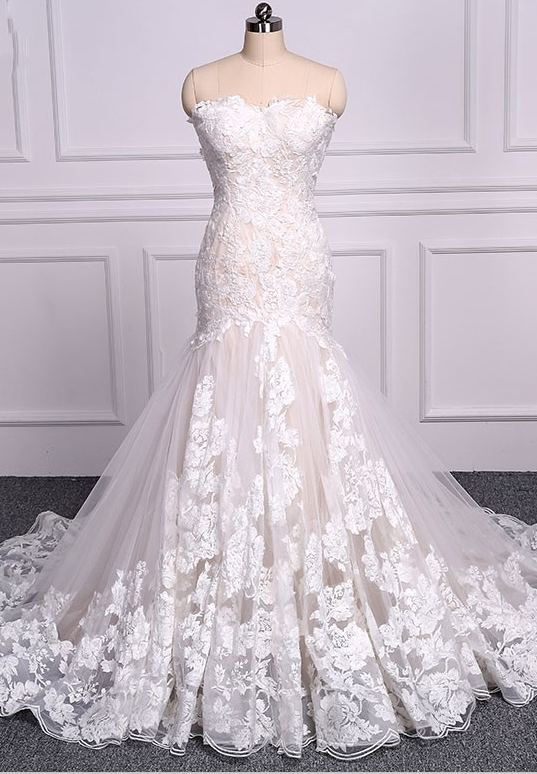 Long Mermaid Lace Backless Sleeveless Tulle Floor-length Wedding Dresses - YESBABYONLINE