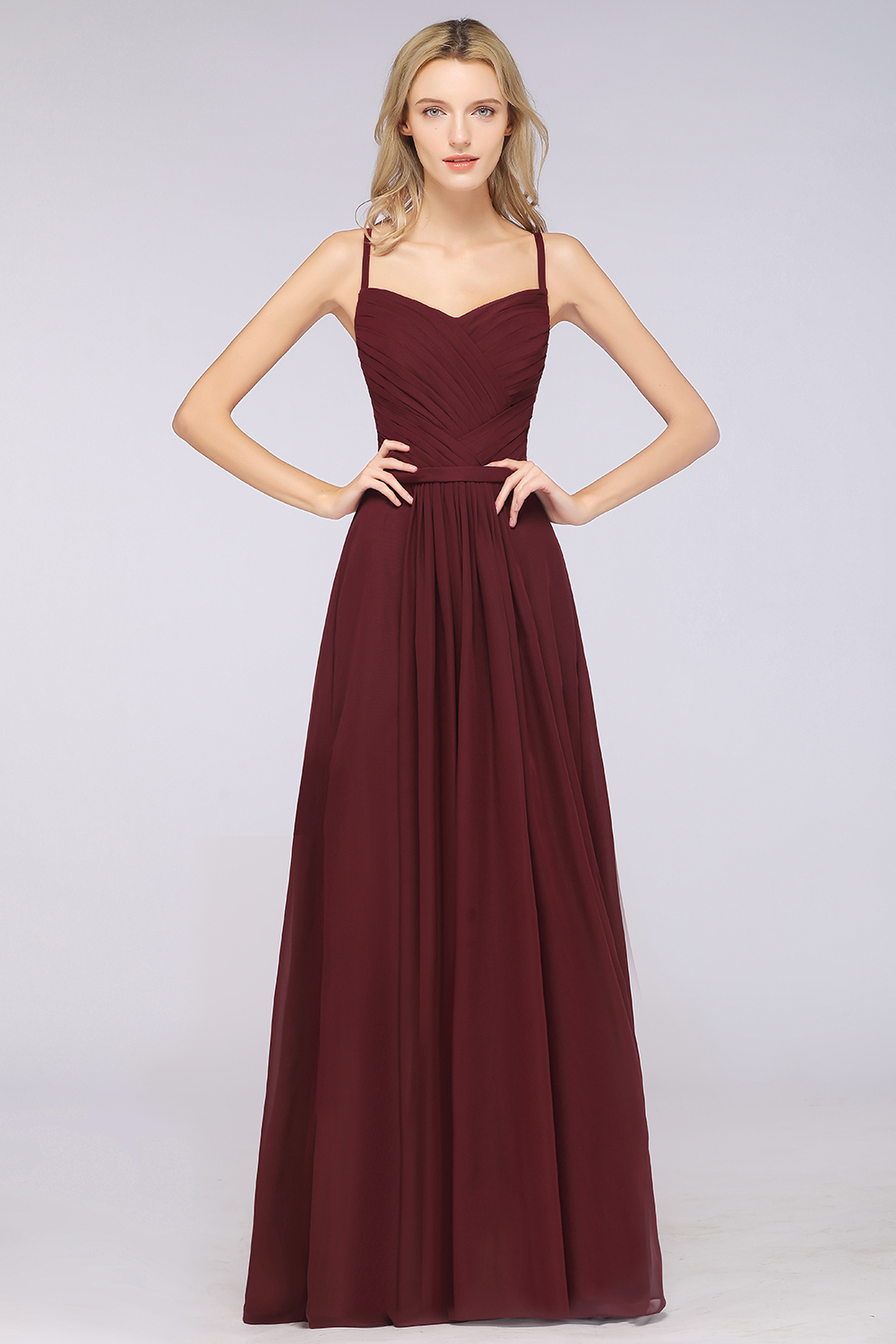 Long A Line Spaghetti Straps Sweetheart Sleeveless Floor Length Bridesmaid Dress with Ruffles - YESBABYONLINE