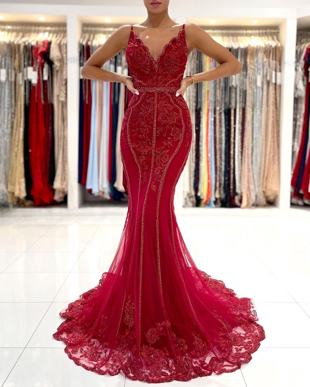 Charming Long V-Neck Mermaid Appliques Lace Tulle Beading Backless Prom Dress - YESBABYONLINE