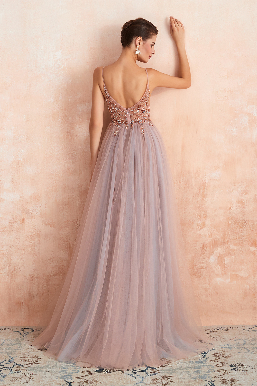Long A-line Spaghetti Straps V-neck Tulle Backless Prom Dresses with Side Slit - YESBABYONLINE