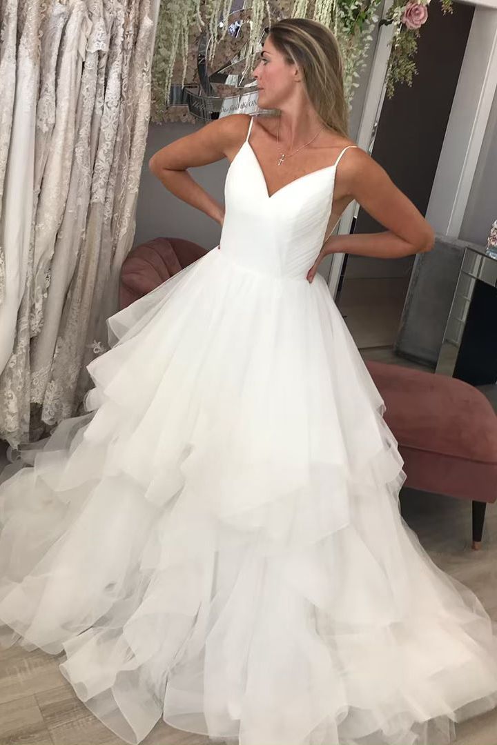 White Long A-line Spaghetti Strap V Neck Backless Tulle Wedding Dresses - YESBABYONLINE