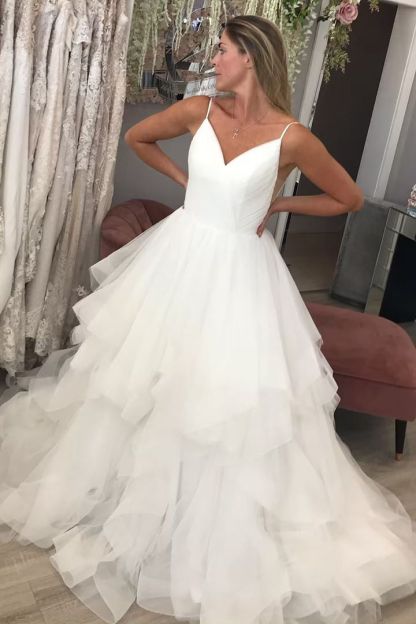 White Long A-line Spaghetti Strap V Neck Backless Tulle Wedding Dresses - YESBABYONLINE