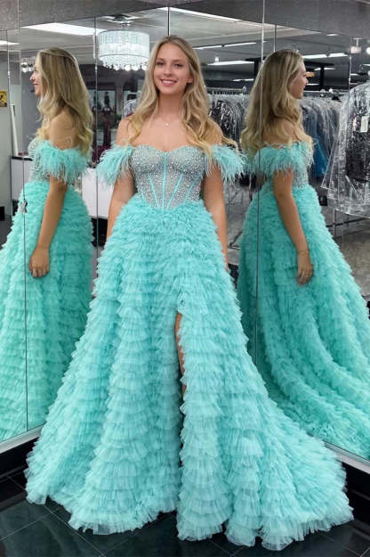 Hot Pink Cold Shoulder Beaded Feathers Tiered Long Prom Dress