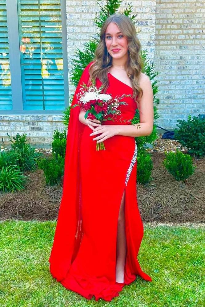 Asymmetrical One Shoulder Beaded Prom Dress with Cape