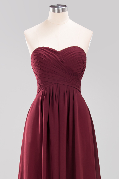 Long A Line Sweetheart Strapless Ruffles Floor Length Chiffon Bridesmaid Dress - YESBABYONLINE