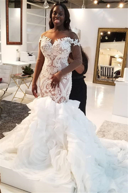 Long Off the Shoulder Lace Mermaid Wedding Dresses with Sleeves - YESBABYONLINE
