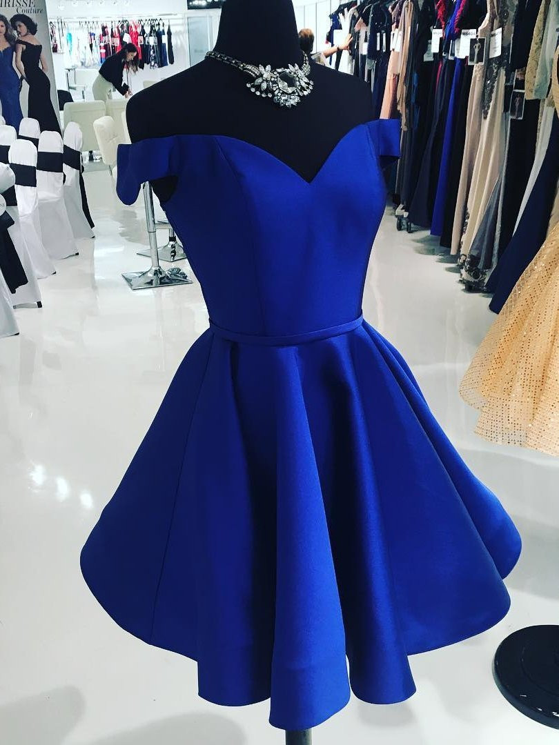 Simple Royal Blue Short A-line Off-the-Shoulder V-Neck Homecoming Dress - YESBABYONLINE