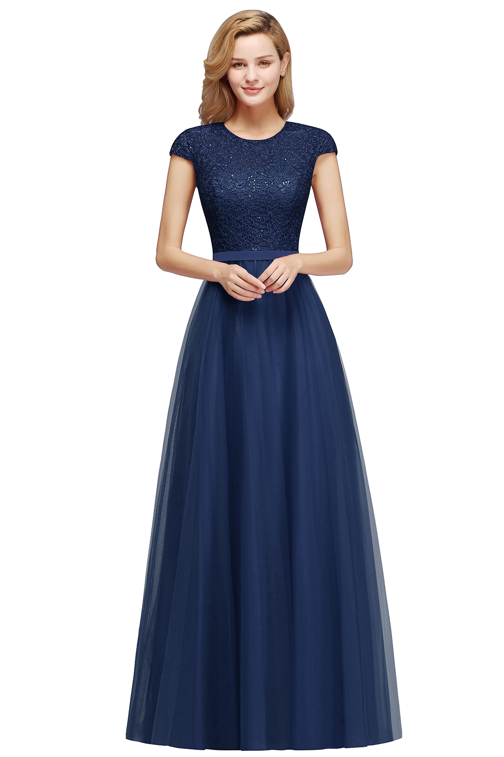 Long A-line Tulle Lace Bridesmaid Dress with Cap Sleeves - YESBABYONLINE