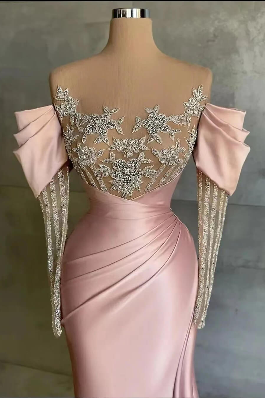 Pink Off-The-Shoulder Long Sleeves Mermaid Formal Dress with Lace Applique