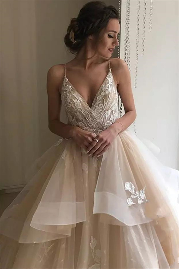 Long A-line V-neck Spaghetti Strap Sleeveless Backless Wedding Dresses - YESBABYONLINE