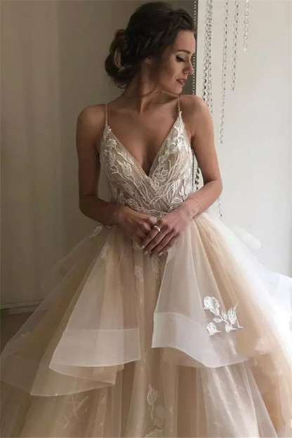 Long A-line V-neck Spaghetti Strap Sleeveless Backless Wedding Dresses - YESBABYONLINE