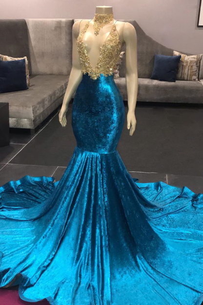Long Spaghetti Straps V-neck Appliques Lace Mermaid Velvet Prom Dresses - YESBABYONLINE