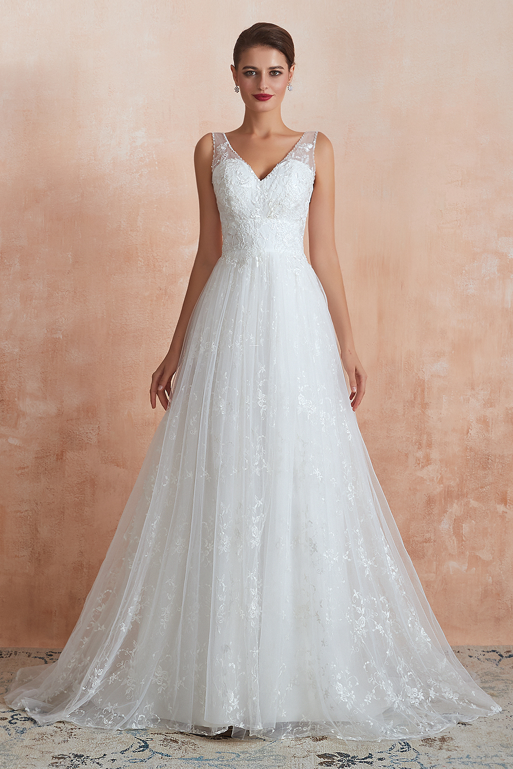 Long A-line V-neck Tulle Lace Floor Length Sleeveless Wedding Dresses - YESBABYONLINE