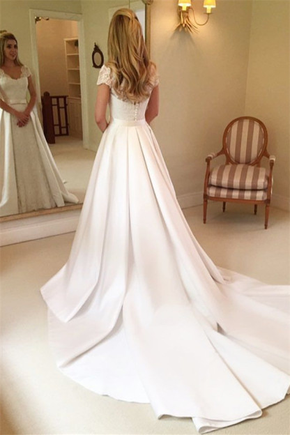 Beautiful Long A-line Sweetheart Satin Appliques Lace Wedding Dresses - YESBABYONLINE