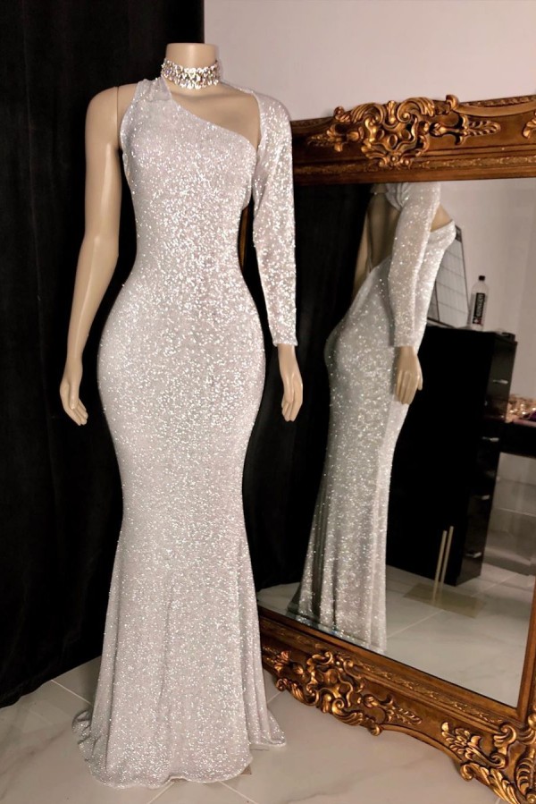Sparkly Long Mermaid One Shoulder Floor Length Sequined Prom Dresses with Sleeves - YESBABYONLINE