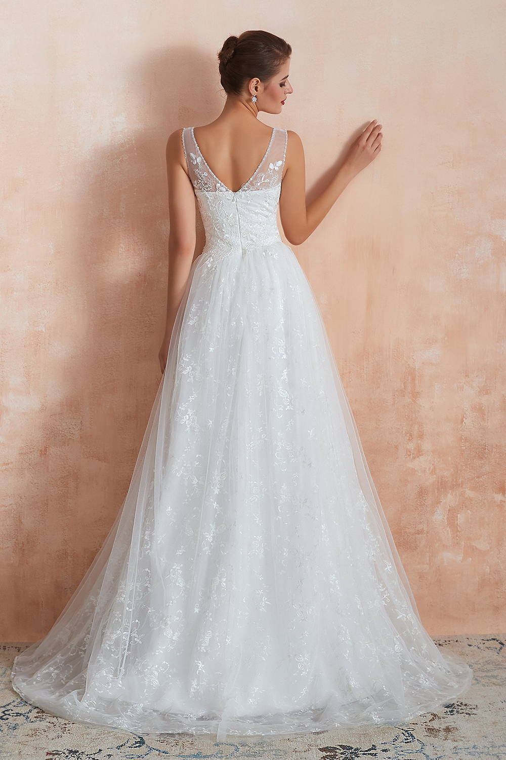 Long A-line V-neck Tulle Lace Floor Length Sleeveless Wedding Dresses - YESBABYONLINE