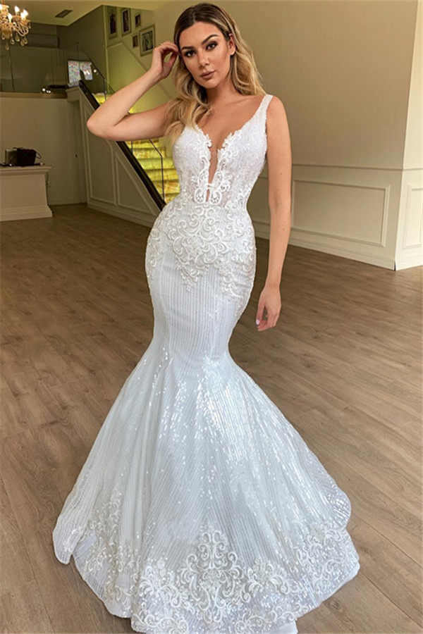 Gorgeous Long Mermaid V-neck Sleeveless Appliques Lace Tulle Wedding Dress - YESBABYONLINE