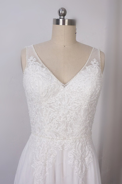 Elegant Long V-neck Chiffon A-Line Appliques Lace Wedding Dress - YESBABYONLINE