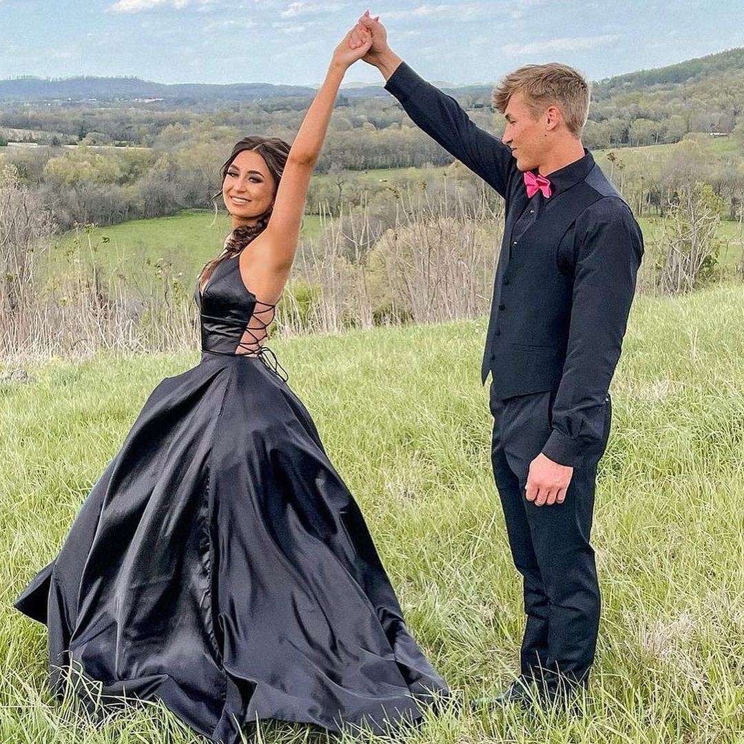 Elegant Black Long V-neck Satin Spaghetti Straps A-Line Prom Dress With Pockets - YESBABYONLINE