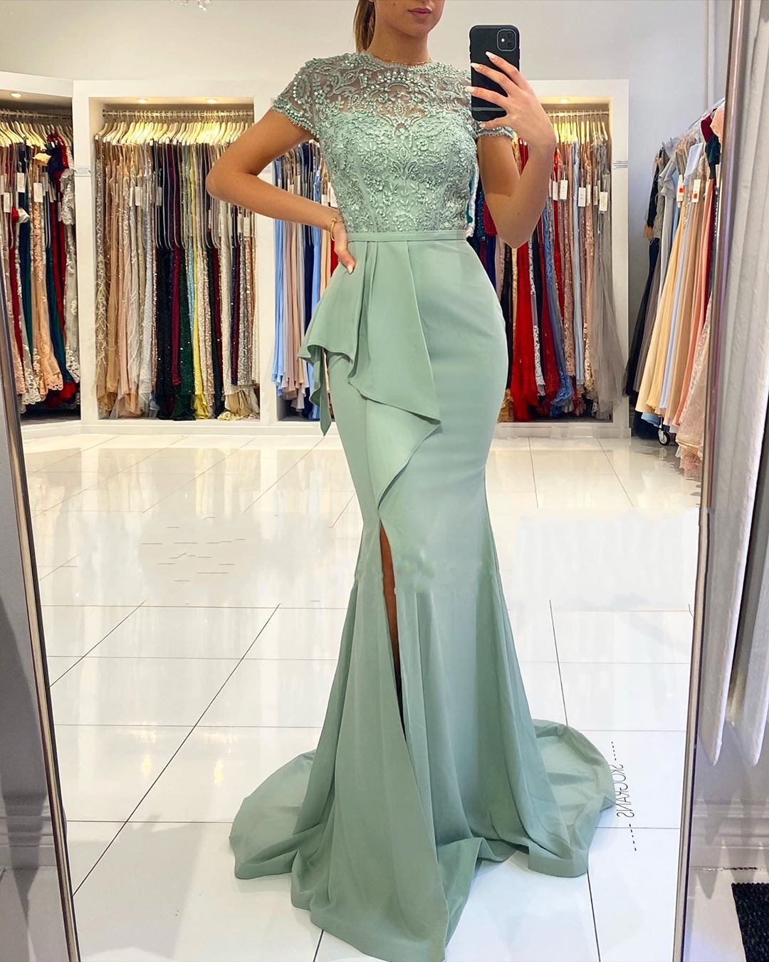 Long Mermaid High Neck Applique Lace Full Back Satin Prom Dresses with Side Slit - YESBABYONLINE