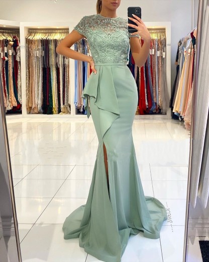 Long Mermaid High Neck Applique Lace Full Back Satin Prom Dresses with Side Slit - YESBABYONLINE