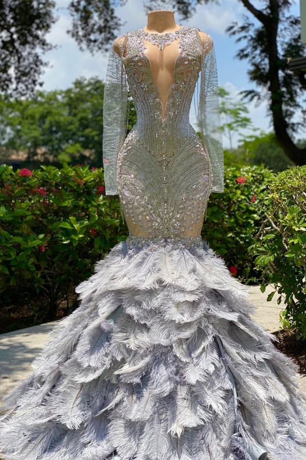 Fabulous Grey Long Mermaid Sequined Feather Tulle Prom Dress with Sleeves - YESBABYONLINE