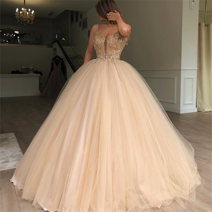 Glamorous Long Ball Gown Spaghetti Straps Sleeveless Beaded ChampagneProm Dresses - YESBABYONLINE