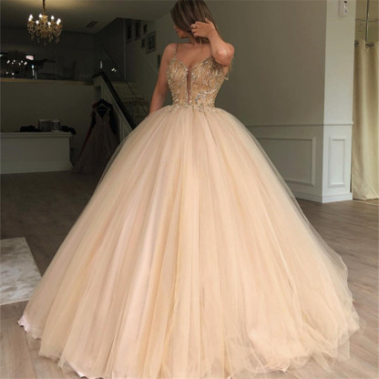 Glamorous Long Ball Gown Spaghetti Straps Sleeveless Beaded ChampagneProm Dresses - YESBABYONLINE