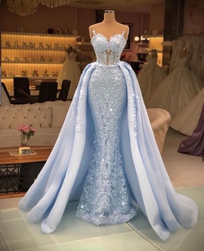 Sky Blue Long Sweetheart Sequins Lace Mermaid Evening Prom Dress - YESBABYONLINE