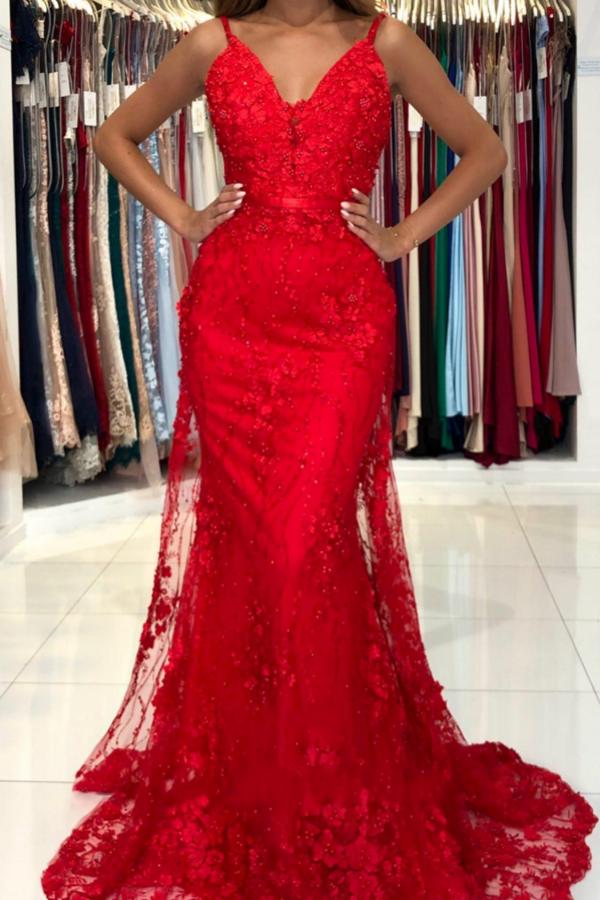 Red Long Mermaid V-neck Sleeveless Lace Appliques Open Back Prom Dresses - YESBABYONLINE