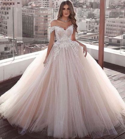 Long Ball Gown Off the Shoulder Floor Length Lace Tulle Wedding Dresses - YESBABYONLINE