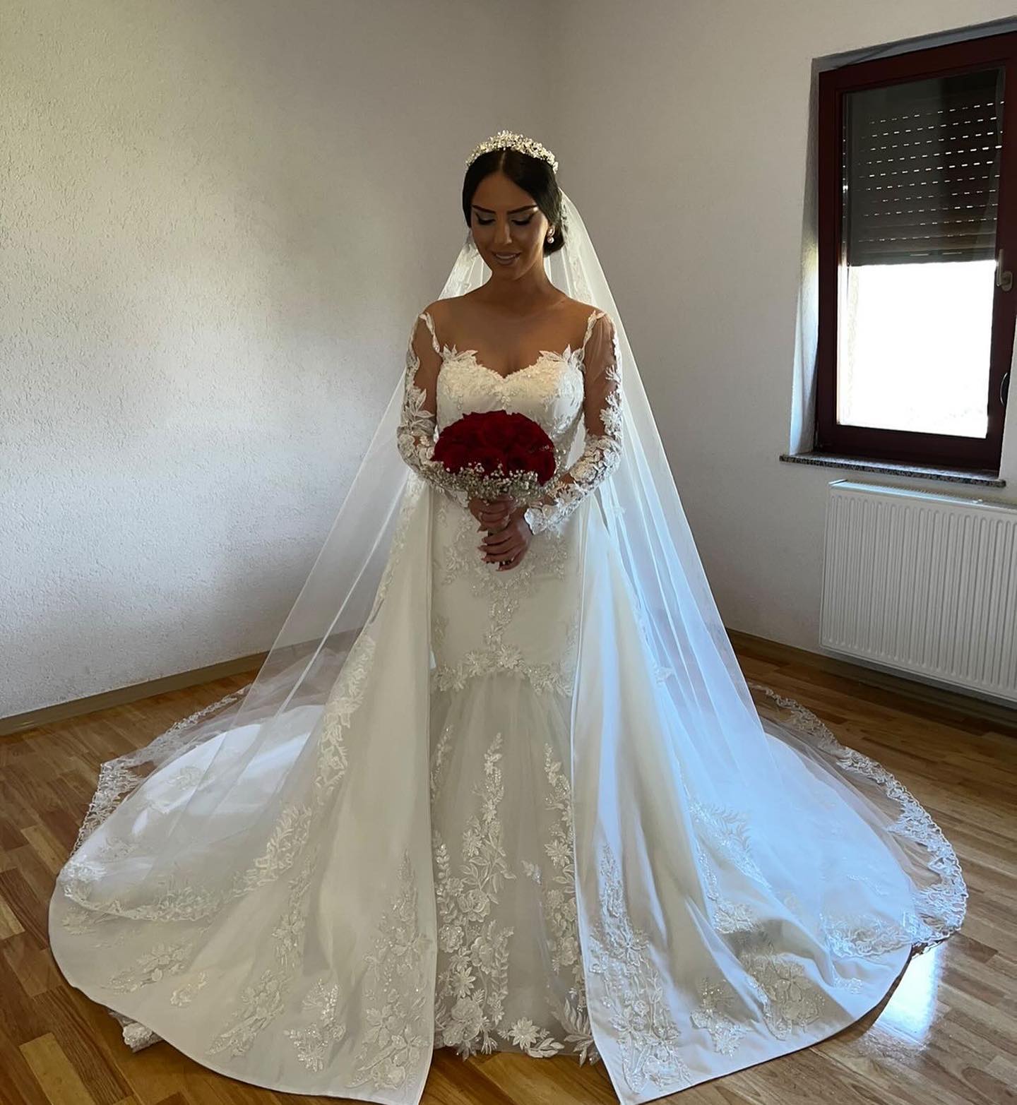 Elegant Long Mermaid Satin Lace Wedding Dresses with Sleeves - YESBABYONLINE