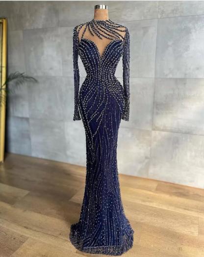 Long High Neck Tulle Beading Mermaid Formal Prom Dress with Sleeves - YESBABYONLINE