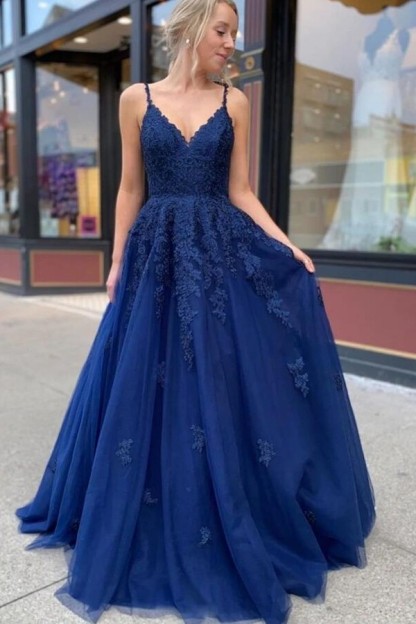 Gorgeous Long A-line V-neck Tulle Open Back Prom Dress with Appliques Lace - YESBABYONLINE