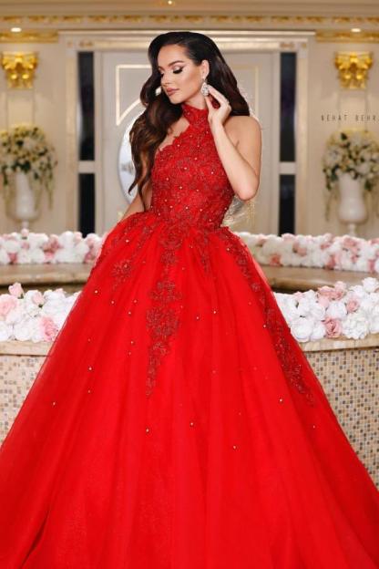 Luxury Red Long A_line Halter Tulle Lace Prom Dresses With Sleeveless - YESBABYONLINE
