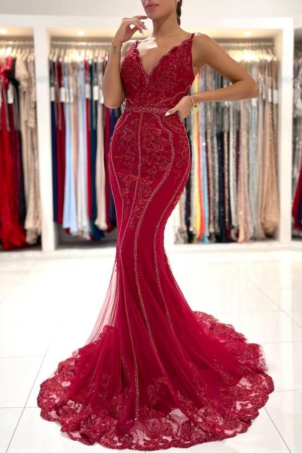 Charming Long V-Neck Mermaid Appliques Lace Tulle Beading Backless Prom Dress - YESBABYONLINE