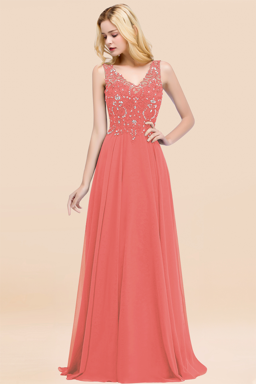 Long A-line Straps V Neck Applique Lace Floor Length Chiffon Bridesmaid Dresses - YESBABYONLINE