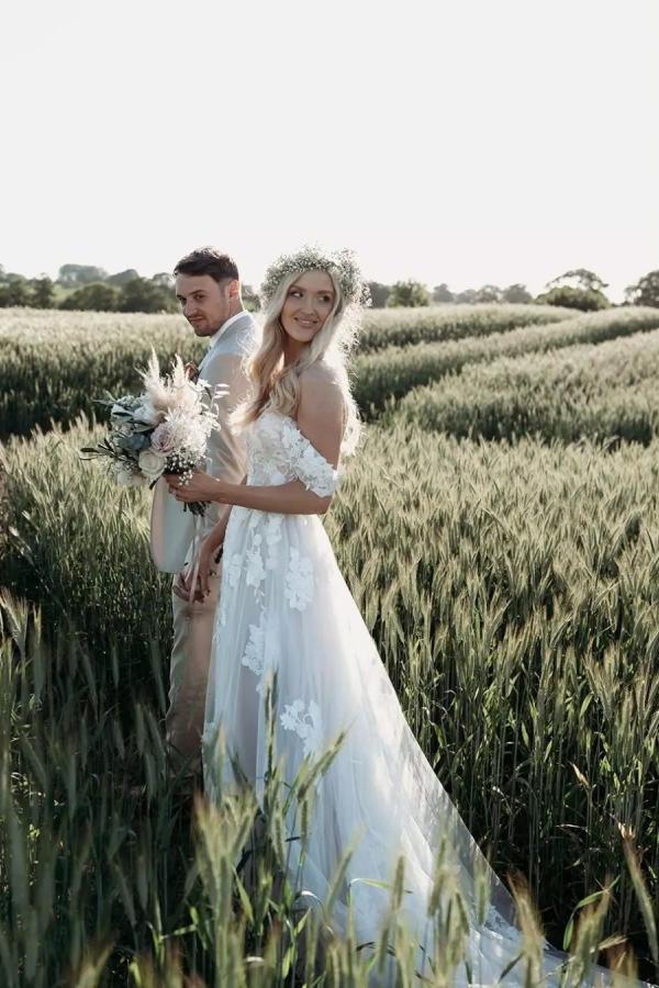 Elegant Long Off the Shoulder Satin Applique Lace Sleeveless A-Line Wedding Dresses - YESBABYONLINE