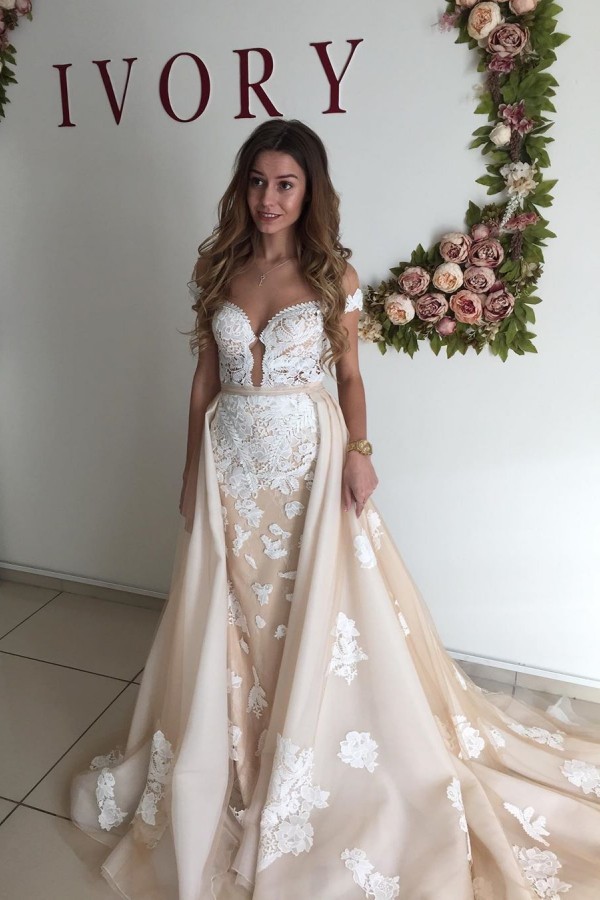Long Mermaid Sweetheart Applique Lace Tulle Backless Wedding Dresses With Detachable Skirt - YESBABYONLINE