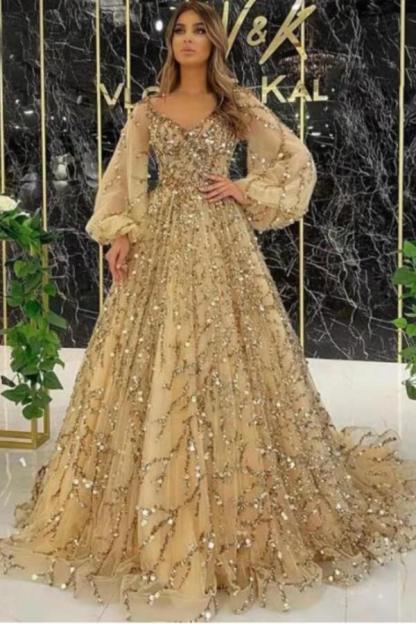 Long A-line V-Neck Floor Length Tulle Lace Formal Prom Dress with Sleeves - YESBABYONLINE
