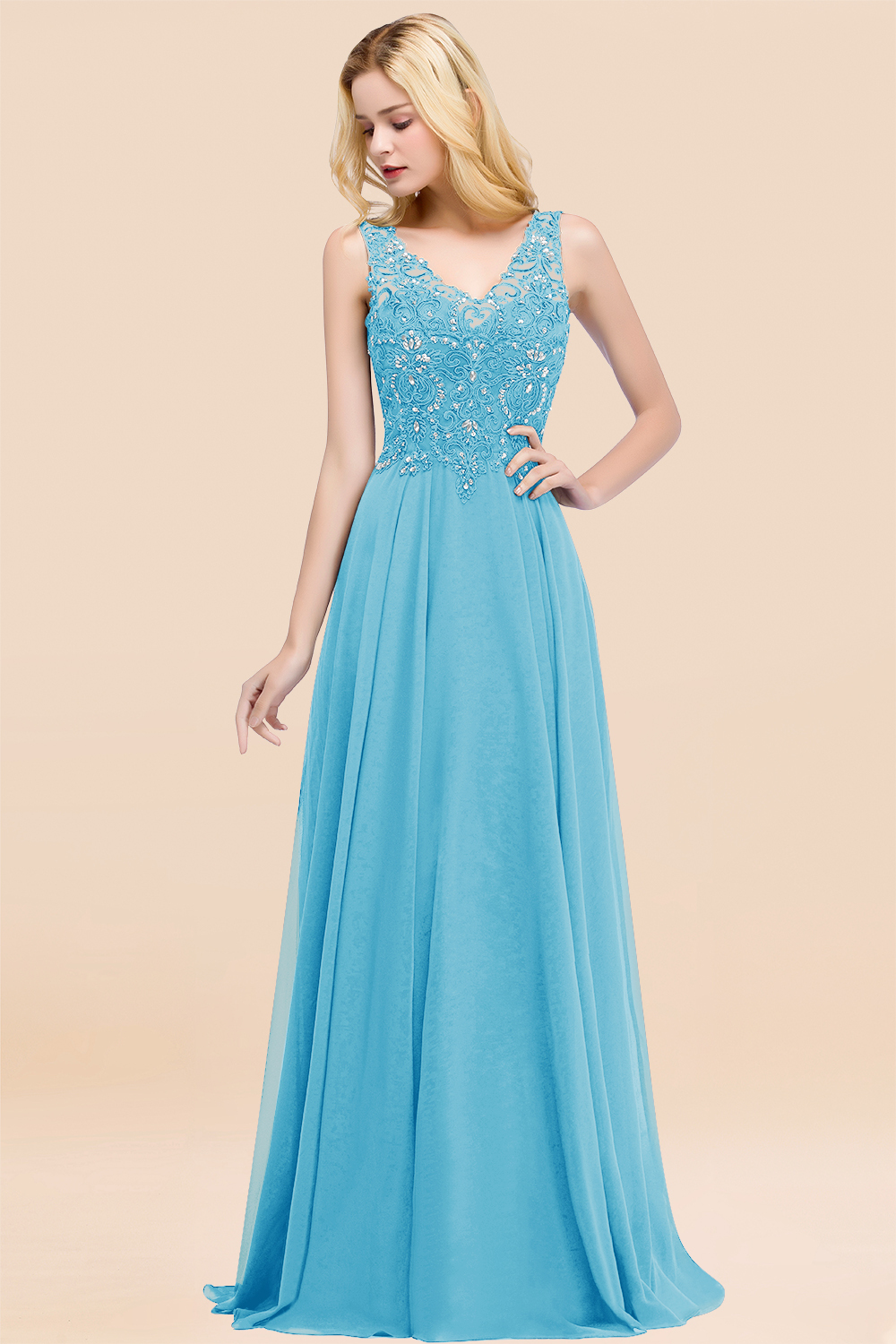 Long A-line Straps V Neck Applique Lace Floor Length Chiffon Bridesmaid Dresses - YESBABYONLINE