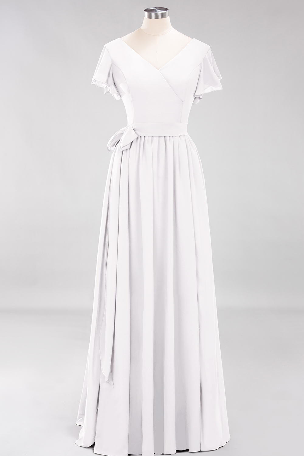 Elegant A-line V-Neck Short Sleeves Floor-Length Bridesmaid Dresses with Bow Sash - YESBABYONLINE