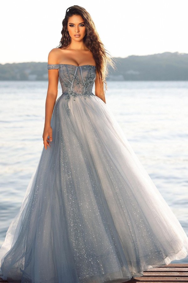 Elegant Long Off-the-shoulder A-line Lace Tulle Sequins Floor-length Prom Dresses - YESBABYONLINE