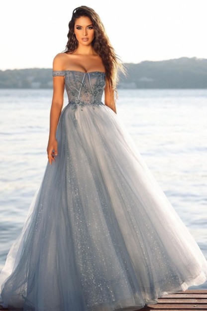 Elegant Long Off-the-shoulder A-line Lace Tulle Sequins Floor-length Prom Dresses - YESBABYONLINE