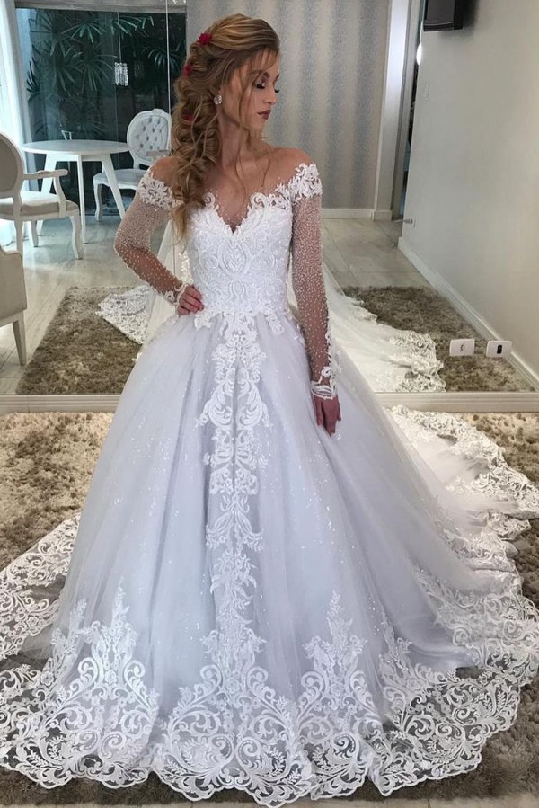 Long A line Sweetheart Off the Shoulder Appliques Lace Wedding Dress with Sleeves - YESBABYONLINE