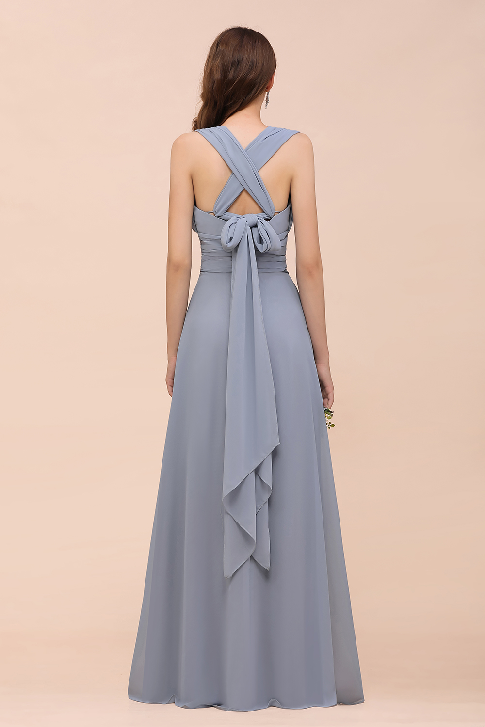 Dusty Blue Long A Line V Neck Chiffon Backless Convertible Bridesmaid Dresses - YESBABYONLINE