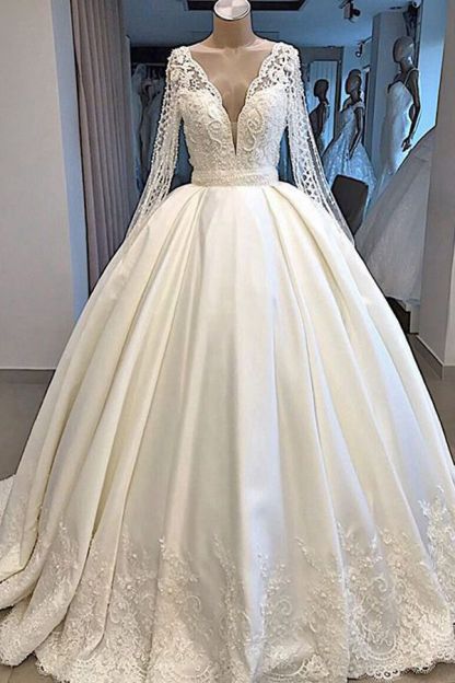 Long Ball Gown Satin V Neck Beading Backless Wedding Dresses with Sleeves - YESBABYONLINE