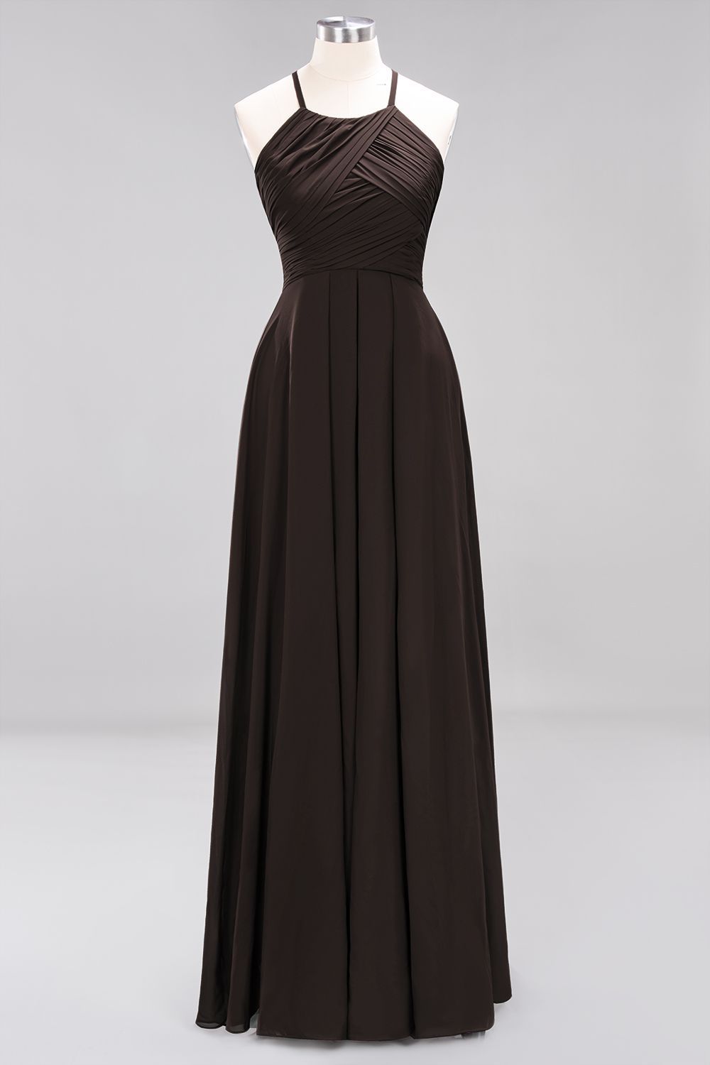 Long A-Line Halter Ruffles Floor-Length Chiffon Bridesmaid Dress - YESBABYONLINE