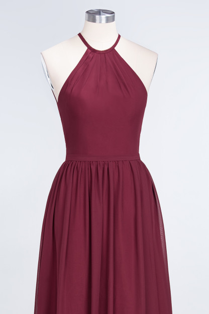 Long A Line Halter Sleeveless Floor Length Chiffon Bridesmaid Dress with Ruffles - YESBABYONLINE